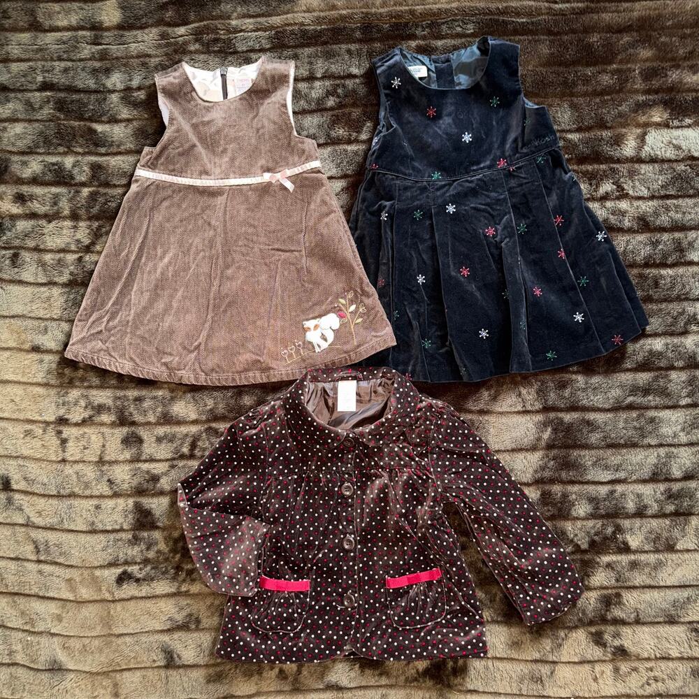 VELVETEEN! Pair of Girl's Velvet Jumpers + Pink Polka Dot Brown Velvet Jacket